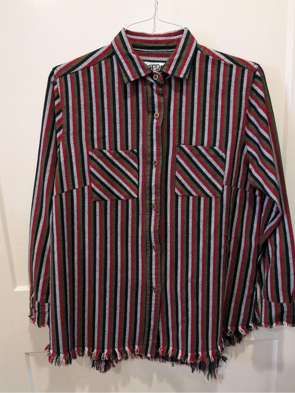 One 24 Rags Flannel Shirt Womens Red Green Striped Fringe Hem Button Up Small